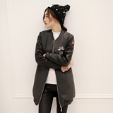 2015冬装新款 韩版时尚贴布休闲加绒加厚卫衣女中长款开衫外套潮