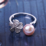 新款 韩版s925纯银戒指 镶天然珍珠 花朵花瓣开口戒