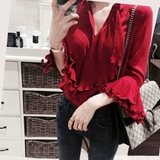 韩国百褶雪纺衫女荷叶边红色衬衣女长袖衬衫百搭喇叭袖打底上衣潮