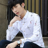 夏季男士长袖衬衫时尚男装休闲上衣寸衫青少年韩版修身印花衬衣潮