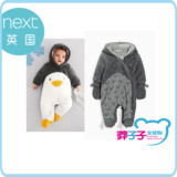 next英国2015新款童装现货 男童宝宝企鹅恐龙造型加厚带帽连体衣