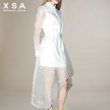 XSA2015春夏新款女装欧洲站透视夏裙长袖欧根纱白色方领连衣裙