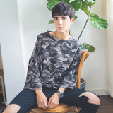 男士夏季新款学生韩版迷彩中袖七分袖宽松圆领短袖T恤日系潮流