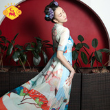 密扇夏装原创设计师品牌喜鹊望梅修身欧根纱复古中国风长款连衣裙