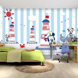 蔷艺工坊 地中海儿童房墙纸壁画卧室背景墙蓝色简约竖条纹 定制