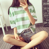 T恤女夏季宽松韩版女装大码条纹短袖学生装简约半袖上衣休闲衣服