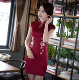中式传统丝稠旗袍短款夏季日常改良时尚修身显瘦短袖连衣裙中国风