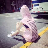 2016夏季街头新款女装纯棉连帽中长款无袖t恤粉色字母印花体恤