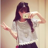 青少年女装夏装15岁少女初中学生韩版蕾丝勾花镶边短款T恤楚楚街