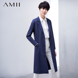 Amii[极简主义]春新直筒大码翻领竖纹西装中长外套