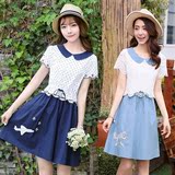 2016夏季少女韩版甜美小清新中长款短袖裙子初中学生假两件连衣裙
