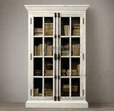 欧式白色书柜书橱简约式玻璃门展示柜美式乡村天地锁双门储物柜