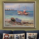 现代简约手绘地中海风景油画玄关卧室餐厅高档有框海景帆船装饰画