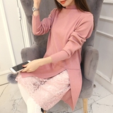2015冬季新款女装韩版百搭中长款纯色蕾丝拼接半高领针织衫毛衣裙