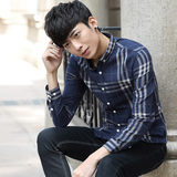 春季韩版修身型男士长袖格子衬衫英伦青少年衬衣商务休闲寸衫潮流