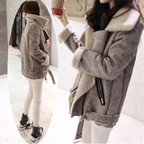 韩国2015冬装新款韩版加厚宽松显瘦鹿皮绒羊羔毛小香风长袖外套女