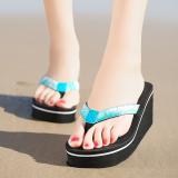 三紫高跟人字拖女士夏季防滑坡跟厚底夹拖松糕沙滩凉拖鞋旅游拖