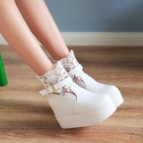 2016春季新款女靴子中跟松糕底韩版单靴蕾丝性短靴春秋白色女鞋