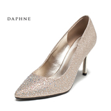 Daphne/达芙妮新款尖头浅口女单鞋婚鞋亮面水钻高跟细跟女鞋