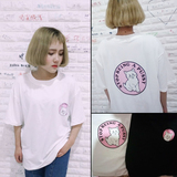 韩国代购女装贱猫猫咪 粉色 潮牌嘻哈街头滑板原宿日系短袖T恤女