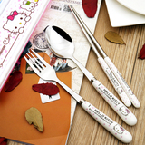 卡通手绘筷子叉勺套装陶瓷不锈钢便携式餐具三件套筷子盒旅行学生