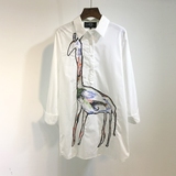 欧洲站2016春新款衬衫韩版长颈鹿图案中长款宽松休闲衬衣女装上衣