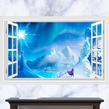 新款3D假窗户 蓝色冰雪奇缘安娜 冰湖客厅书房家居装饰墙贴纸贴画