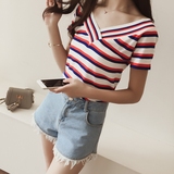 2016夏装新款韩版V领彩色条纹短袖针织衫女时尚修身显瘦打底上衣