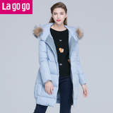 Lagogo2015冬毛领羽绒服女中长款 加厚外套 EDF453G503