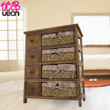 柜子储物柜 抽屉式简易组装床头柜简约现代实木整理柜藤编收纳柜