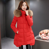 2016冬装新款韩版大毛领中长款女士羽绒服大码加厚修身大红色外套