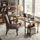 美式实木书桌书架组合简约电脑桌家用办公桌写字台铁艺书柜置物架