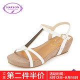 哈森/Harson 夏季新款通勤羊皮拼色女鞋 丁字坡跟凉鞋HM52405