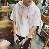潮男春装新款男套头短袖衬衫连帽青少年男韩版男个性短袖衬衣外套