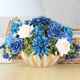 5折 欧式假花仿真花套装花瓶白玫瑰桌花摆件整体花艺 聚宝盆蓝色