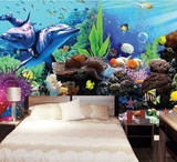 3d立体大型壁画 无缝墙布 海底世界海洋卡通海豚电视背景墙纸壁纸