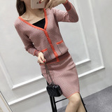 2016秋季新款韩版针织格纹上衣短裙小香风显瘦OL气质两件套套装女