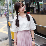 2016夏季韩版学院风小清新V领镂空五分泡泡袖娃娃衫短袖衬衫女装