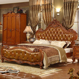 美式床全实木床雕花 欧式床深色 双人床1.8米复古真皮高箱床婚床