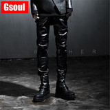 Gsoul韩国秋季时尚个性潮流韩版修身涂层男士明星范机车款牛仔裤