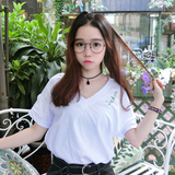 韩版女装夏季基础大V领字母领口破洞宽松短袖学生t恤上衣打底衫潮