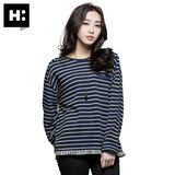 H:CONNECT韩版时尚女款休闲条纹长袖T恤衫流苏下摆2016春季新款