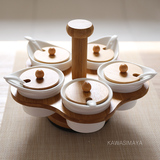 川岛屋 竹制陶瓷日式旋转调味罐调味瓶厨房用品五件套