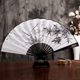杭州丝绸折扇男扇子 中国风特色礼品白扇绘画 仿乌木手绘书法绢扇