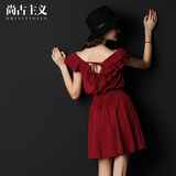 尚古主义品牌女装2016夏季女装新款系带一字领酒红色短袖连衣裙