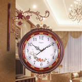欧式双面复古挂钟 实木田园现代创意圆形超静音卧室两面客厅钟表
