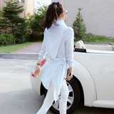 2016春装新款韩版休闲修身不规则长袖系带前短后长长款衬衫女棉潮