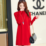 2015韩版女装新款貂绒毛衣加厚中长款连衣裙半高领套头针织打底衫