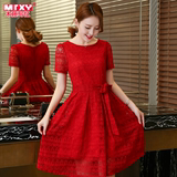 2016夏季小清新新款短袖红色蕾丝连衣裙女装中长款修身显瘦中裙子