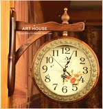 挂钟实两面钟钟表双面石英 木创意时尚田园客厅时钟 欧式电池其他